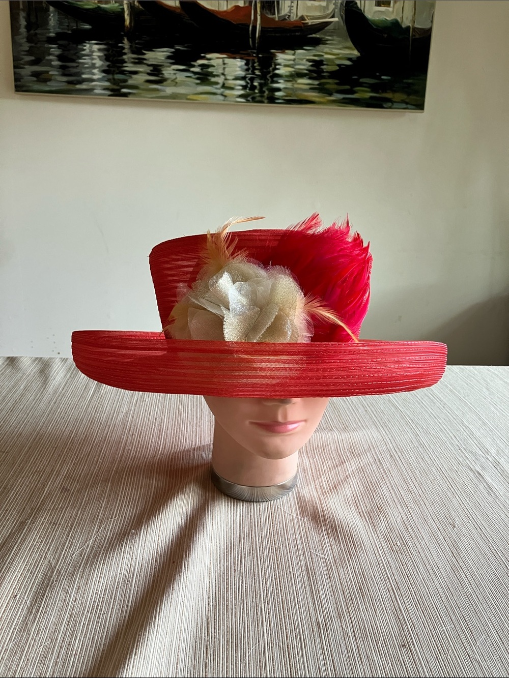 Elegant Women's Wide-Brim Hat with Feather and Flower Accent